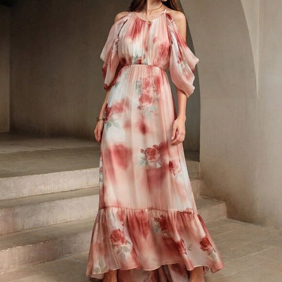 Multicolor Boho Women's Beach Style Silk Halter Neck Drop-Shoulder Floral Dress - Picture 6 of 7